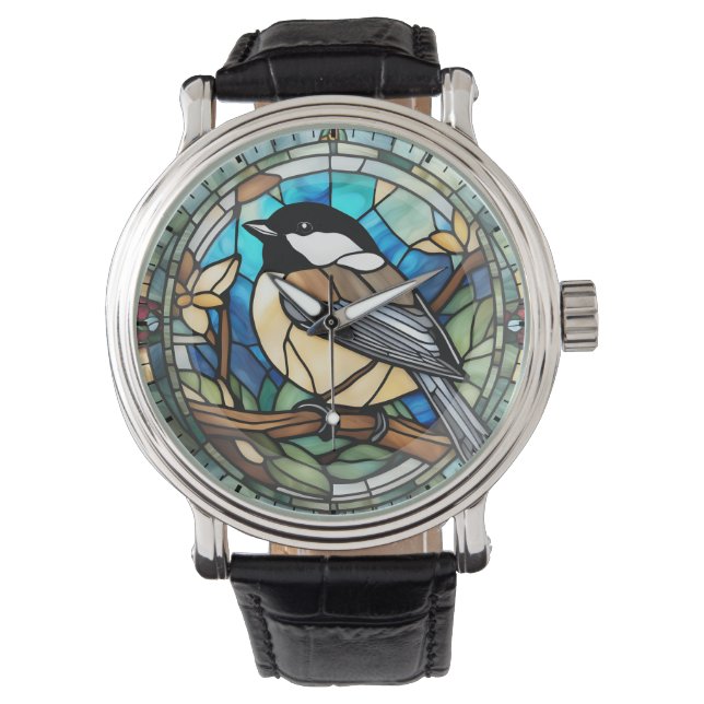 Reloj De Pulsera Chickadee Faux Sed Glass Gran Tit Bird Clock (Anverso)