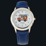 Reloj De Pulsera Chicos con motor de bomberos modernos<br><div class="desc">Este lindo y moderno reloj de niños cuenta con un personalizado de camiones de bomberos y un lugar donde agregar el nombre de su niño. ¡Perfecto para cualquier niño que sueña con ser bombero! Con números claros y un fondo azul, este reloj de bomberos es genial para un pequeño que...</div>