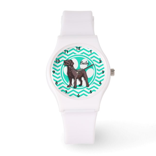 Reloj De Pulsera Chocolate Lab; Aqua Green Chevron (Anverso)