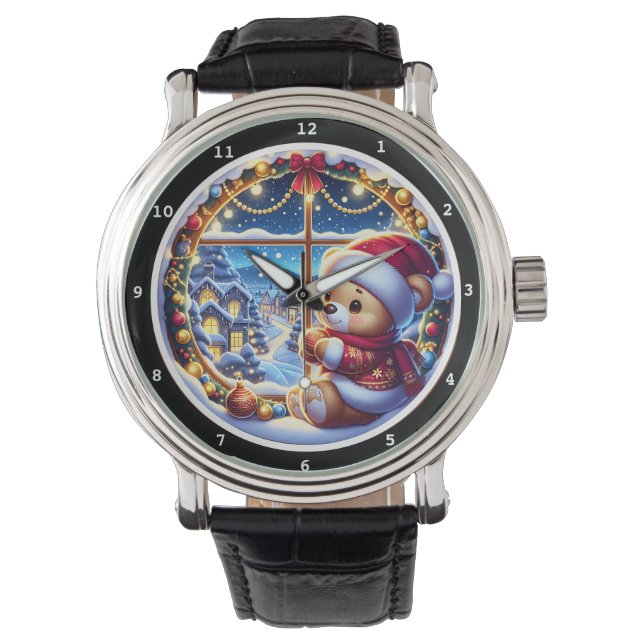 Reloj De Pulsera Christmas Bear Looking Out Window At Snowy Village (Anverso)