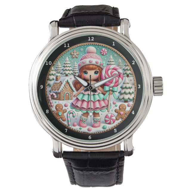 Reloj De Pulsera Christmas Candy Cane House and Girl (Anverso)