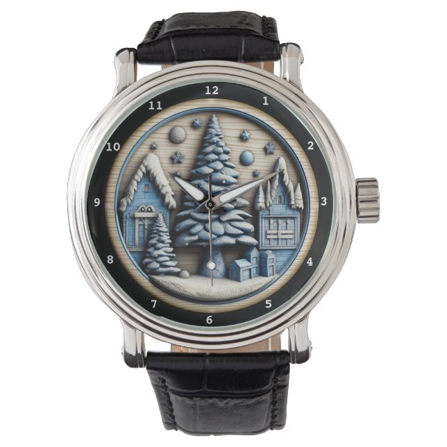 Reloj De Pulsera Christmas Winter Village Artistic Scene (Anverso)