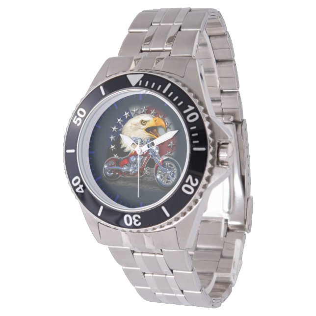 Reloj De Pulsera Chrome Motorcycle Chopper Patriotic Eagle Bandera  (Angular)