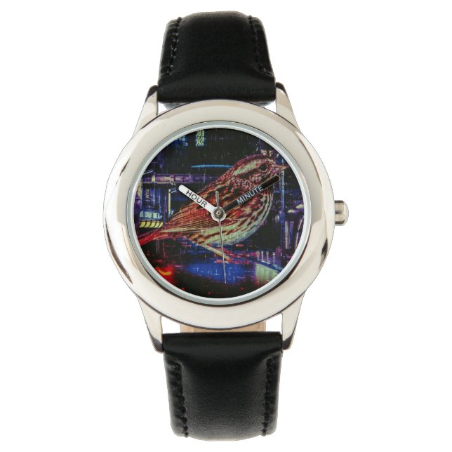 Reloj De Pulsera Ciberpunk Sparrow en Neon Cityscape (Anverso)