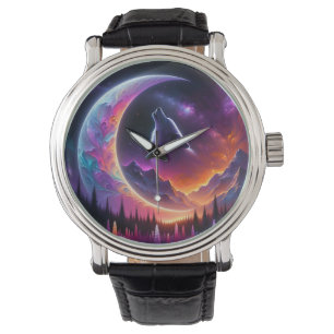 Reloj De Pulsera Cielo nocturno colorido Lobo luna creciente de lob