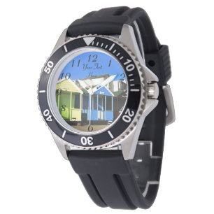 Reloj De Pulsera cielos azules de la playa inglesa y chozas de la