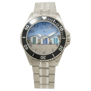 Reloj De Pulsera cielos azules de la playa inglesa y chozas de la