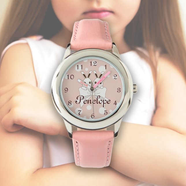 Reloj De Pulsera Cinta rosa blanquecina y adorables conejitos gemel (Subido por el creador)