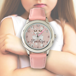 Reloj De Pulsera Cinta rosa-fuera-blanca y niños conejitos gemelos