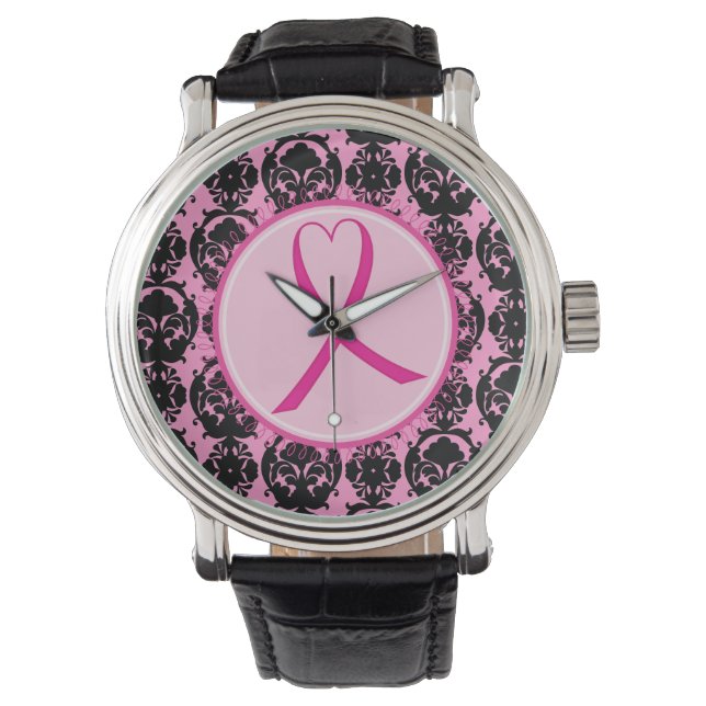Reloj De Pulsera Cinta rosada Damasco negro Concienciación sobre el (Anverso)