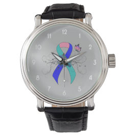 Reloj De Pulsera Cinta verde azulada/rosa/azul con mariposa