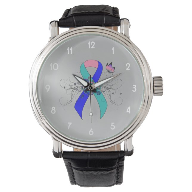 Reloj De Pulsera Cinta verde azulada/rosa/azul con mariposa (Anverso)