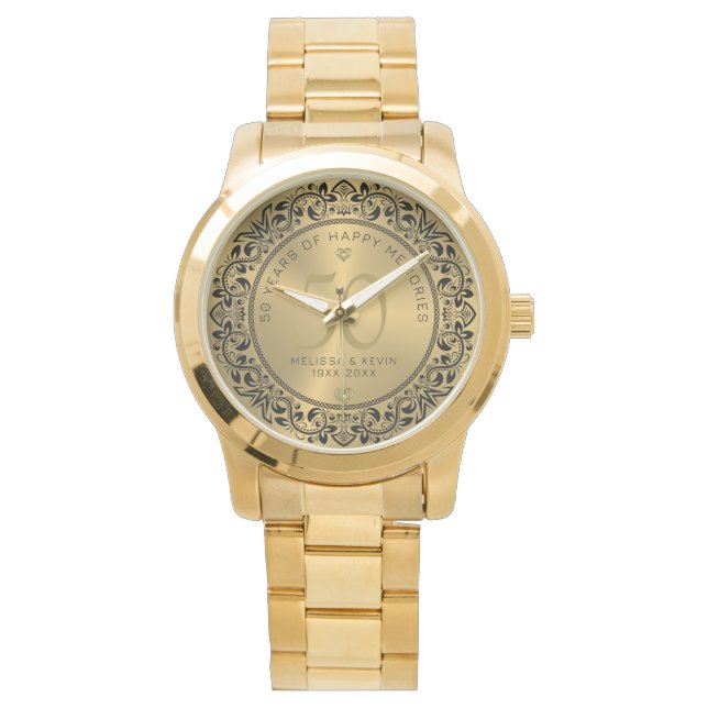 Reloj De Pulsera Círculo floral negro 50° aniversario Boda (Anverso)