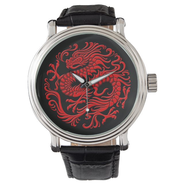 Reloj De Pulsera Círculo tradicional de dragones rojo y negro chino (Anverso)