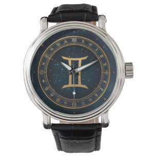 Reloj De Pulsera Círculo Zodiacal Géminis Dorado Con Noche Estrella