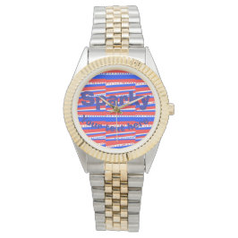 Reloj De Pulsera Círculos Rojos Blancos y Azules Rayas 