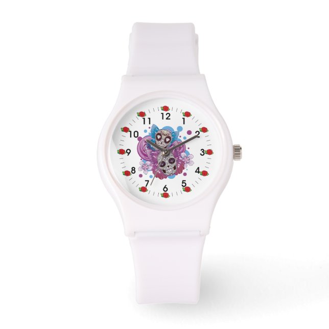 Reloj De Pulsera Círculos rosados y púrpura mariposas de cráneo de  (Anverso)
