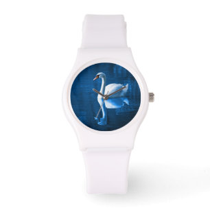 Reloj De Pulsera cisne blanco bonito flotando en un lago azul