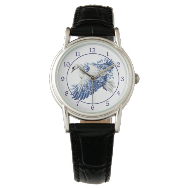 Reloj De Pulsera Cisne Floral Azul (Anverso)