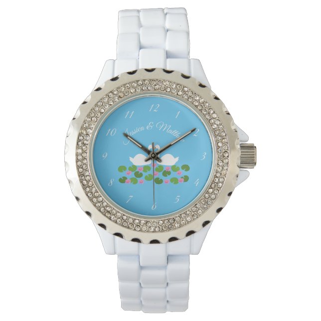 Reloj De Pulsera Cisnes blancas y nenúfares Bodas Personalizado (Anverso)