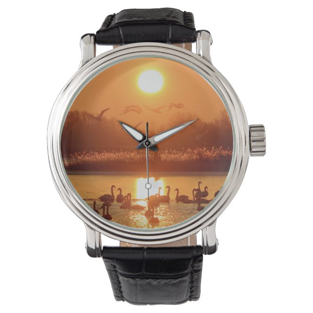 Reloj De Pulsera Cisnes en el lago Sunset (Anverso)