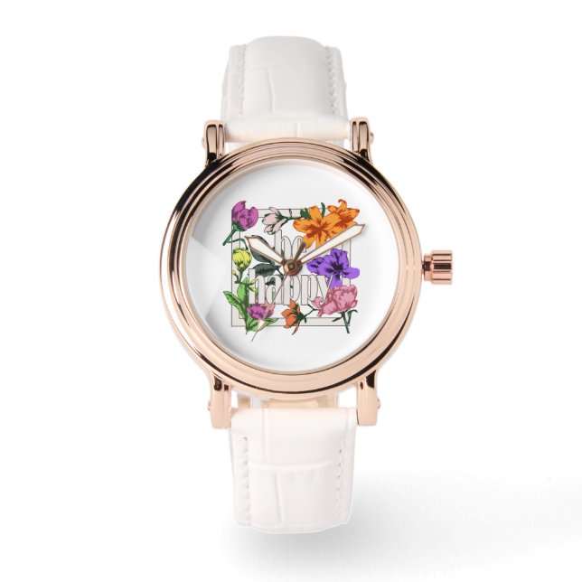 Reloj De Pulsera Cita positiva Be Happy y flores de jardín (Anverso)