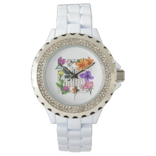 Reloj De Pulsera Cita positiva Be Happy y flores de jardín