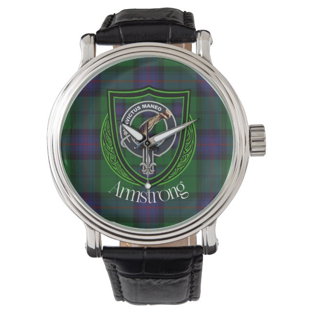 Reloj De Pulsera Clan escocés Armstrong Tartán y Escudo (Anverso)