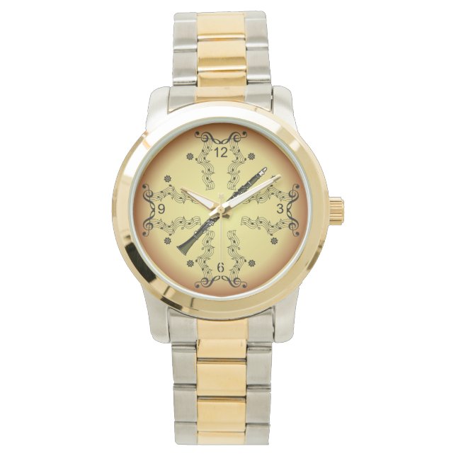 Reloj De Pulsera Clarinet ~ Musical Scroll ~ Golden Background ~ (Anverso)
