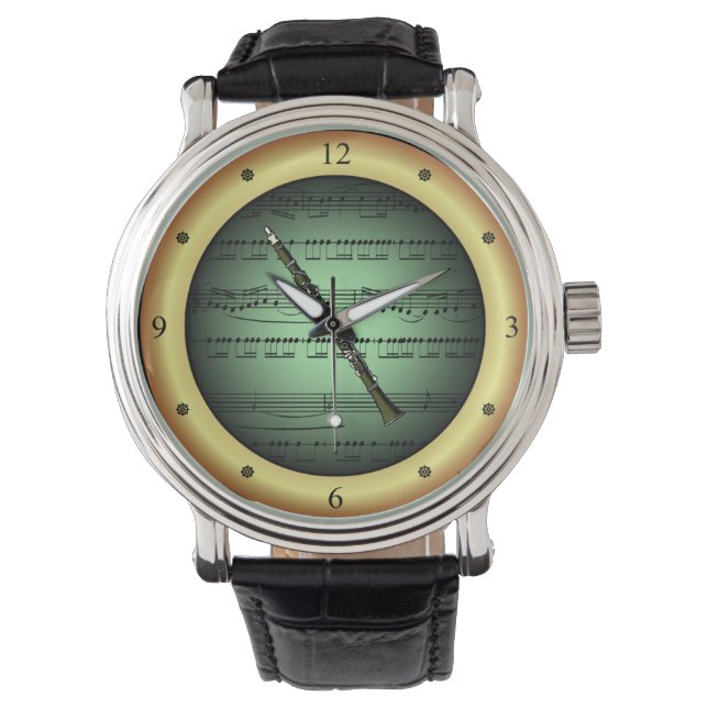 Reloj De Pulsera Clarinete ~ Partitura ~ Fondo Verde/Oro ~  (Anverso)