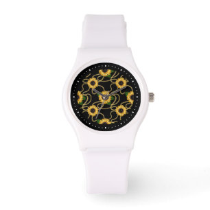 Reloj De Pulsera Clásico amarillo girasol elegante patrón en negro