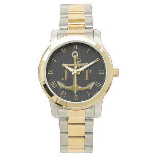 Reloj De Pulsera Clásico Ancla de Oro Náutico en Negro
