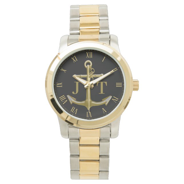 Reloj De Pulsera Clásico Ancla de Oro Náutico en Negro (Anverso)