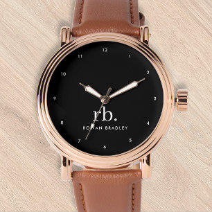 Reloj De Pulsera Clásico Elegante Monograma Minimalista Negro y Bla