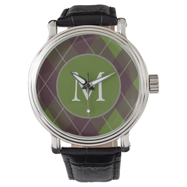 Reloj De Pulsera Clásico Patrón de Argyle Verde Oscuro Monograma (Anverso)