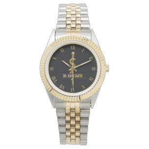 Reloj De Pulsera Clásico Rod de Oro Asclepius con nombre médico neg