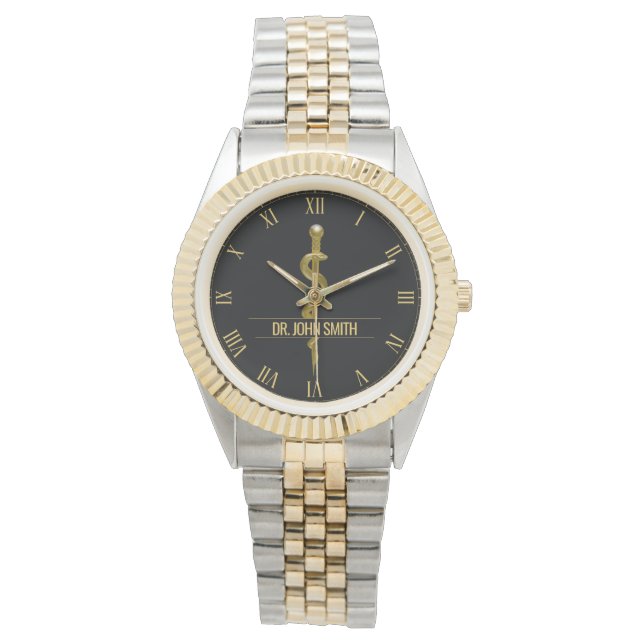 Reloj De Pulsera Clásico Rod de Oro Asclepius con nombre médico neg (Anverso)