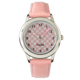 Reloj De Pulsera Clásico Rosa Cuadro Gingan & Nombre Personalizado