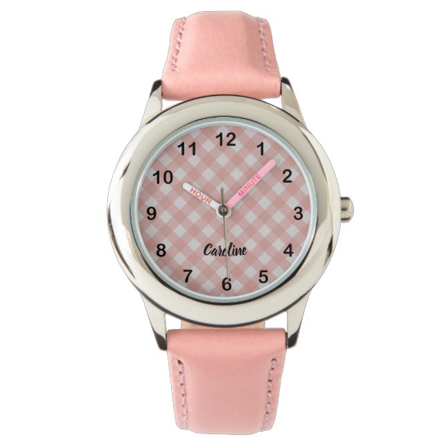 Reloj De Pulsera Clásico Rosa Cuadro Gingan & Nombre Personalizado (Anverso)