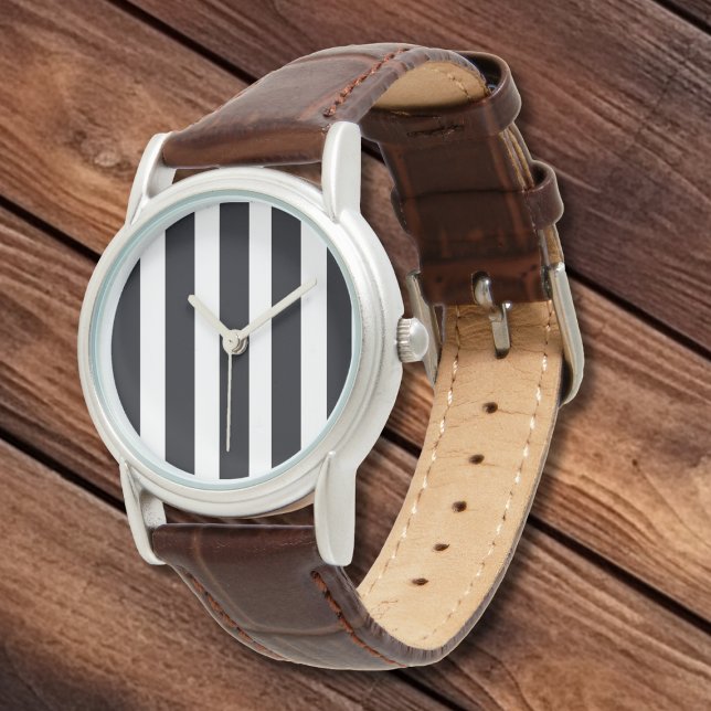 Reloj De Pulsera Clásico simple de cuero blanco negro de bandas (Simple Elegant Classic White and Black Stripes Leather  Strap Watch Face.)