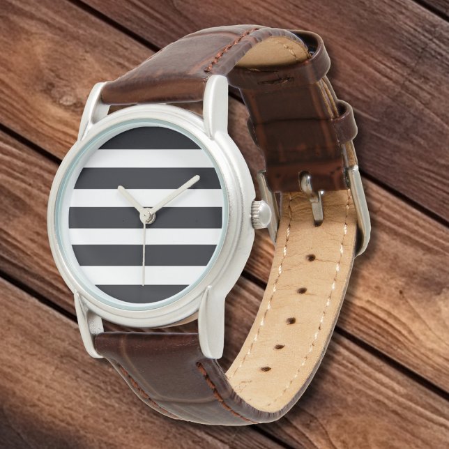 Reloj De Pulsera Clásico simple de cuero negro de rayas blancas (Simple Elegant Modern Classic. Black & White Stripes Silver and Leather Strap Watch.)