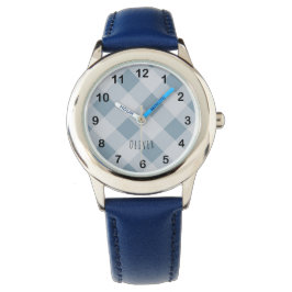 Reloj De Pulsera Classic Elegant Blue Gingham Plaid & Custom Name 