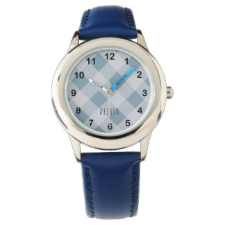 Reloj De Pulsera Classic Elegant Blue Gingham Plaid & Custom Name 