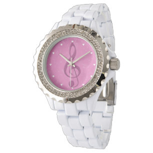 Reloj De Pulsera Clef y notas musicales de Girly Pink