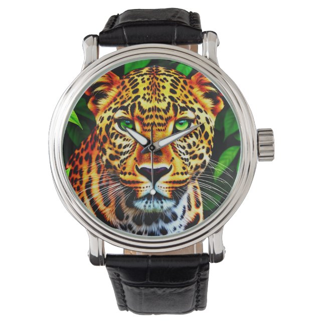 Reloj De Pulsera Close-Up Jaguar Leopard Face with Green Eyes (Anverso)