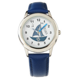 Reloj De Pulsera Coastal Nautical Blue Sailboat & Custom Name