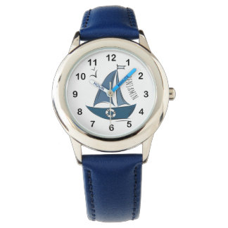 Reloj De Pulsera Coastal Nautical Blue Sailboat & Custom Name