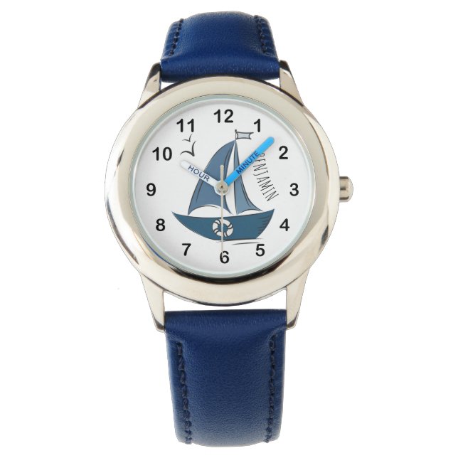 Reloj De Pulsera Coastal Nautical Blue Sailboat & Custom Name (Anverso)