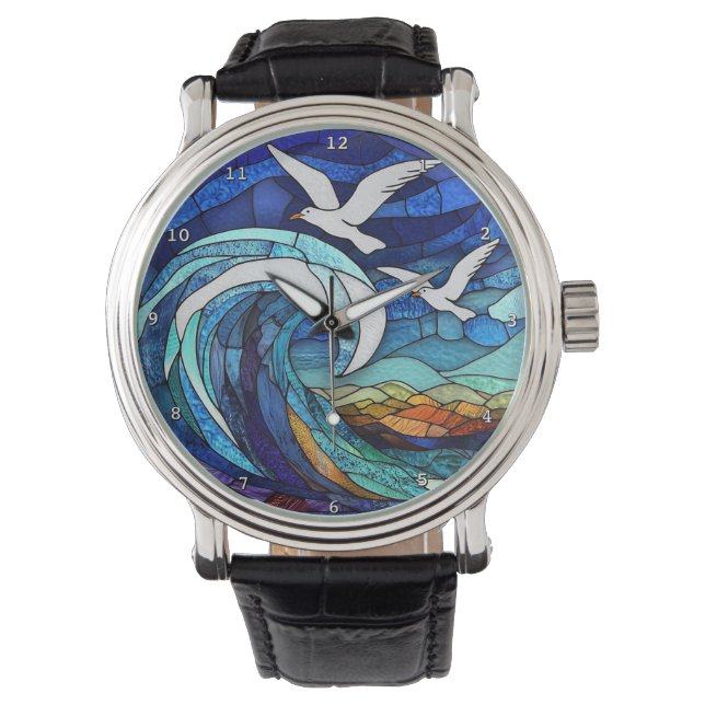 Reloj De Pulsera Coastal Skies Stained Glass Seas Seagull Ocean (Anverso)
