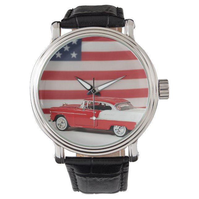 Reloj De Pulsera Coche retro con bandera estadounidense (Anverso)